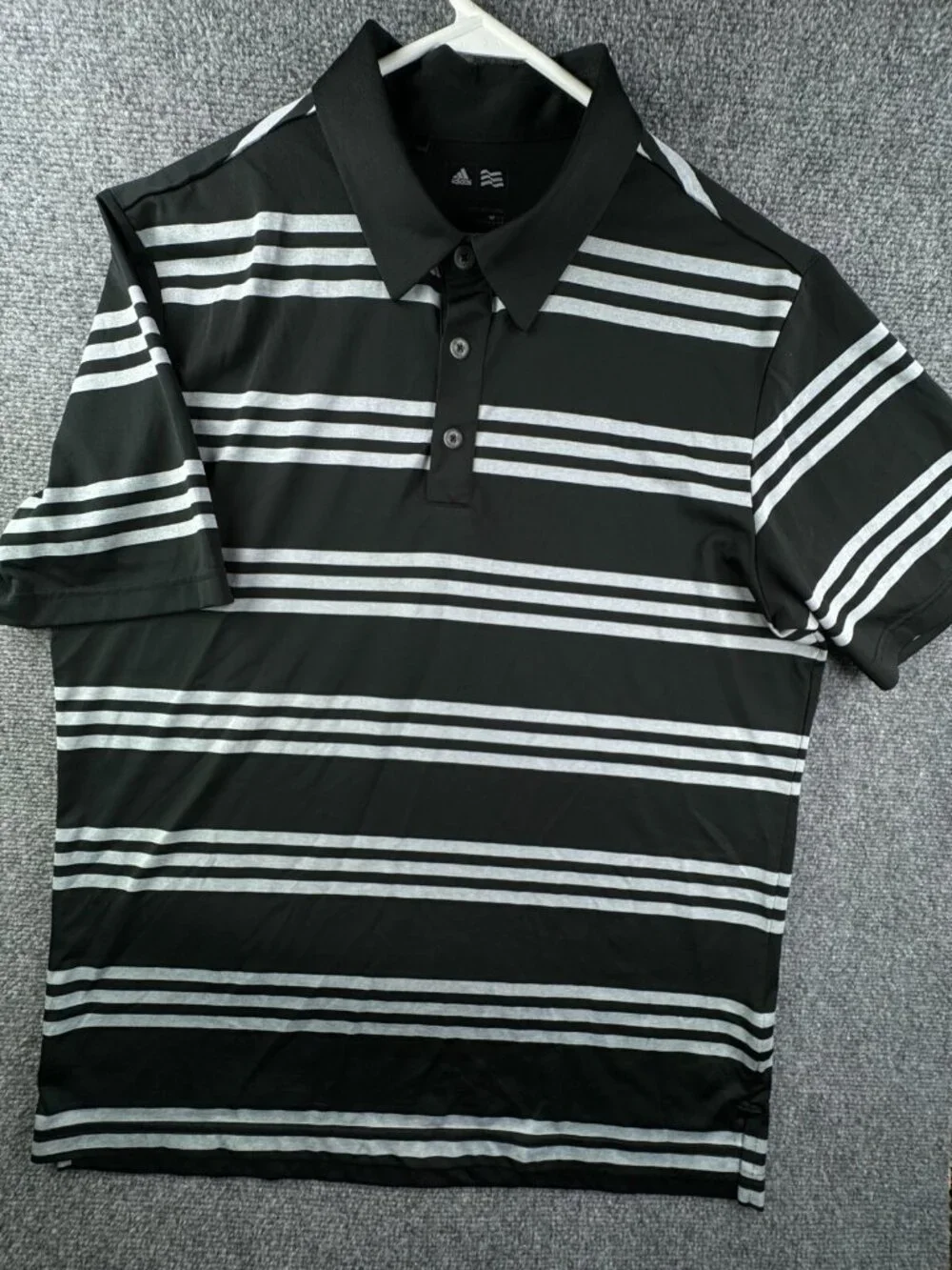 Adidas Men’s Short Sleeve Polo Shirt Golf Black Gray Striped Large Polyester